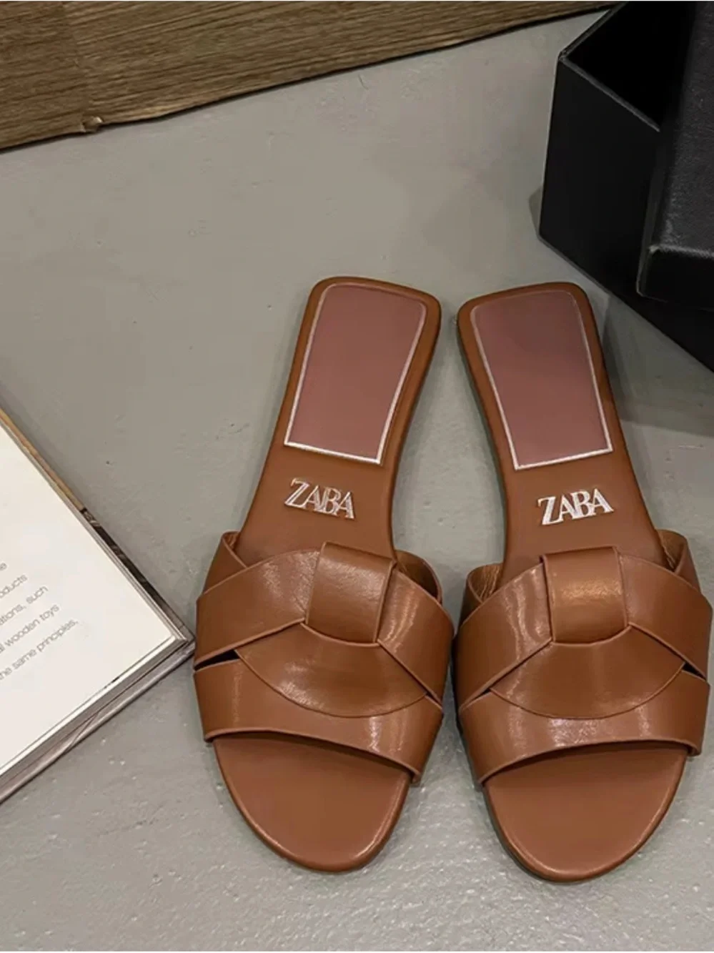 Zara Brown Woven Leather Slide Mules